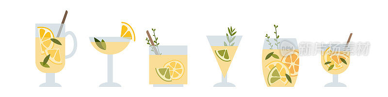 Fresh homemade lemonade, soda, mojito cocktail with lemon and mint. Summer tropic drink, cold citrus refreshing beverage in glass. Vector flat cartoon illustration. For logo, flyer, menu, sticker